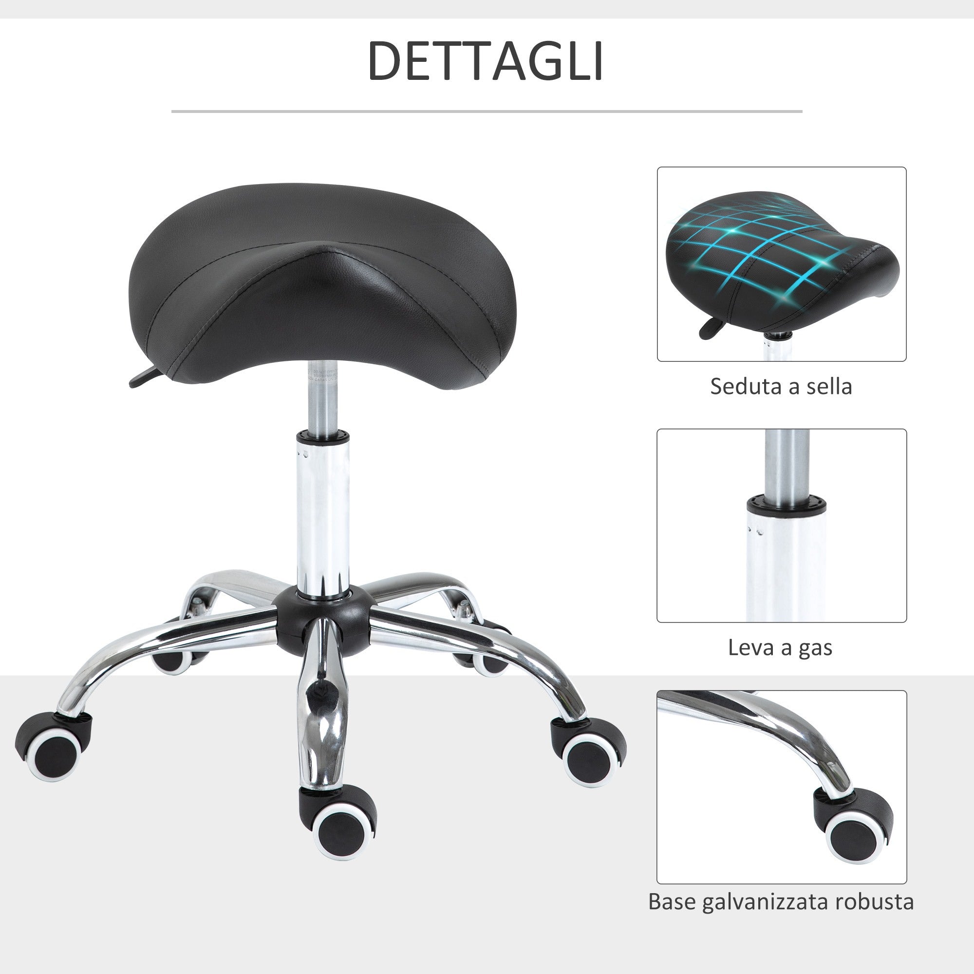 Easycomfort Sgabello da Lavoro a Sella with Ruote e Altezza Regolabile per Negozi Parrucchiere e Tattoo, 52x53x49-61cm black