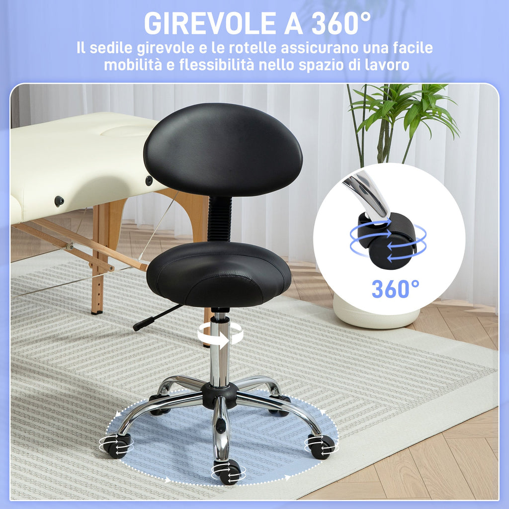 EasyComfort Sgabello Estetista with Ruote e Schienale, Altezza Regolabile e Seduta Girevole in Finta Pelle, black