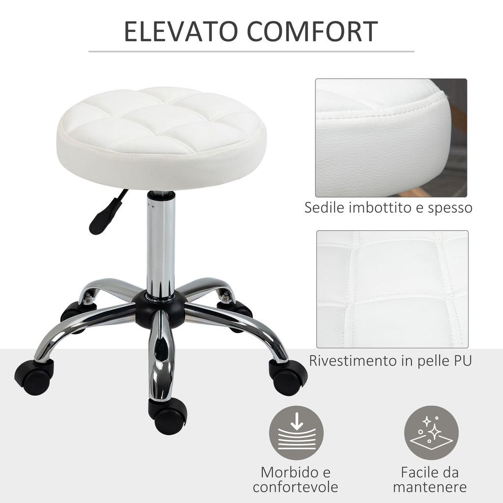 EasyComfort Sgabello Girevole Rotondo with Ruote, Altezza Regolabile e Rivestimento in Finta Pelle, white