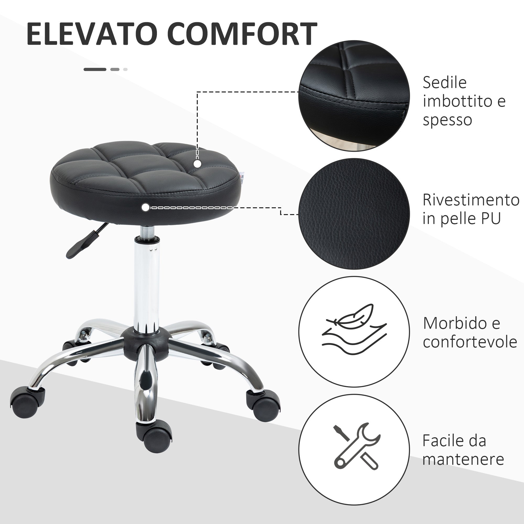 EasyComfort Sgabello Girevole Rotondo with Ruote, Altezza Regolabile e Rivestimento in Finta Pelle, black