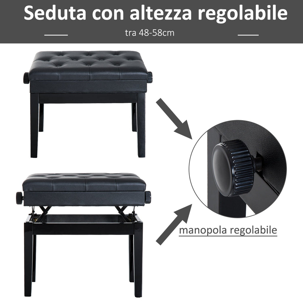 EasyComfort Sgabello per Pianoforte pianobank met opbergruimte, verstelbaar, zwart