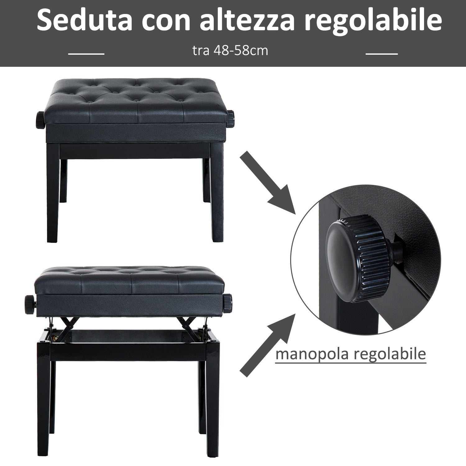 EasyComfort Sgabello per Pianoforte pianobank met opbergruimte, verstelbaar, zwart