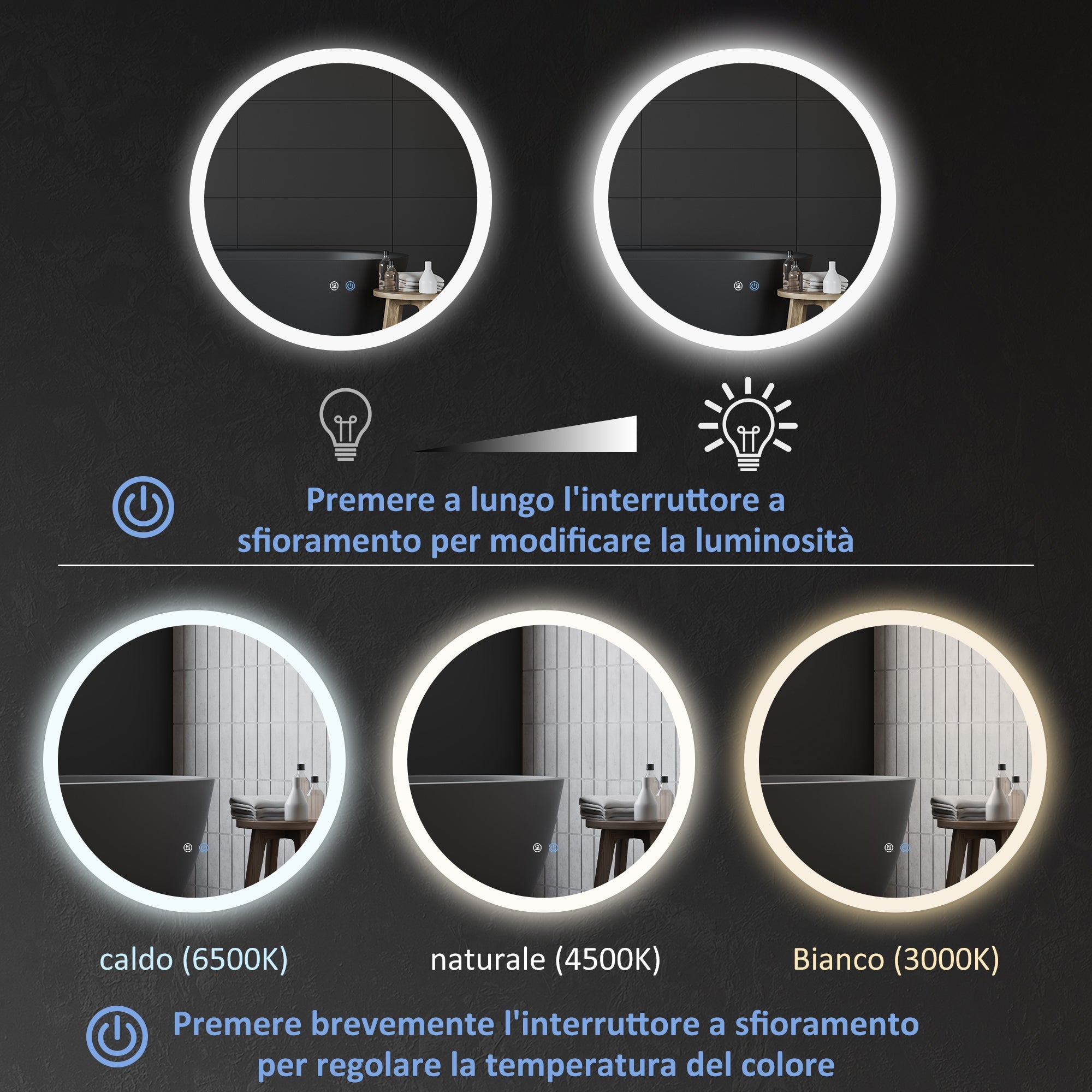 EasyComfort LED-badkamerspiegel anti-condens Ø70 cm, 3 kleuren, dimbaar