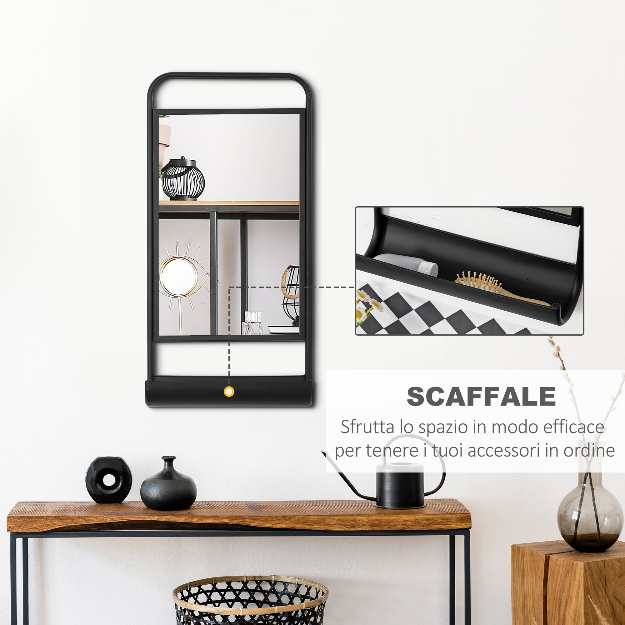 Easycomfort Specchio da Parete with Mensola Inferiore e Struttura in Metallo, 36.2x12x71.7cm, black