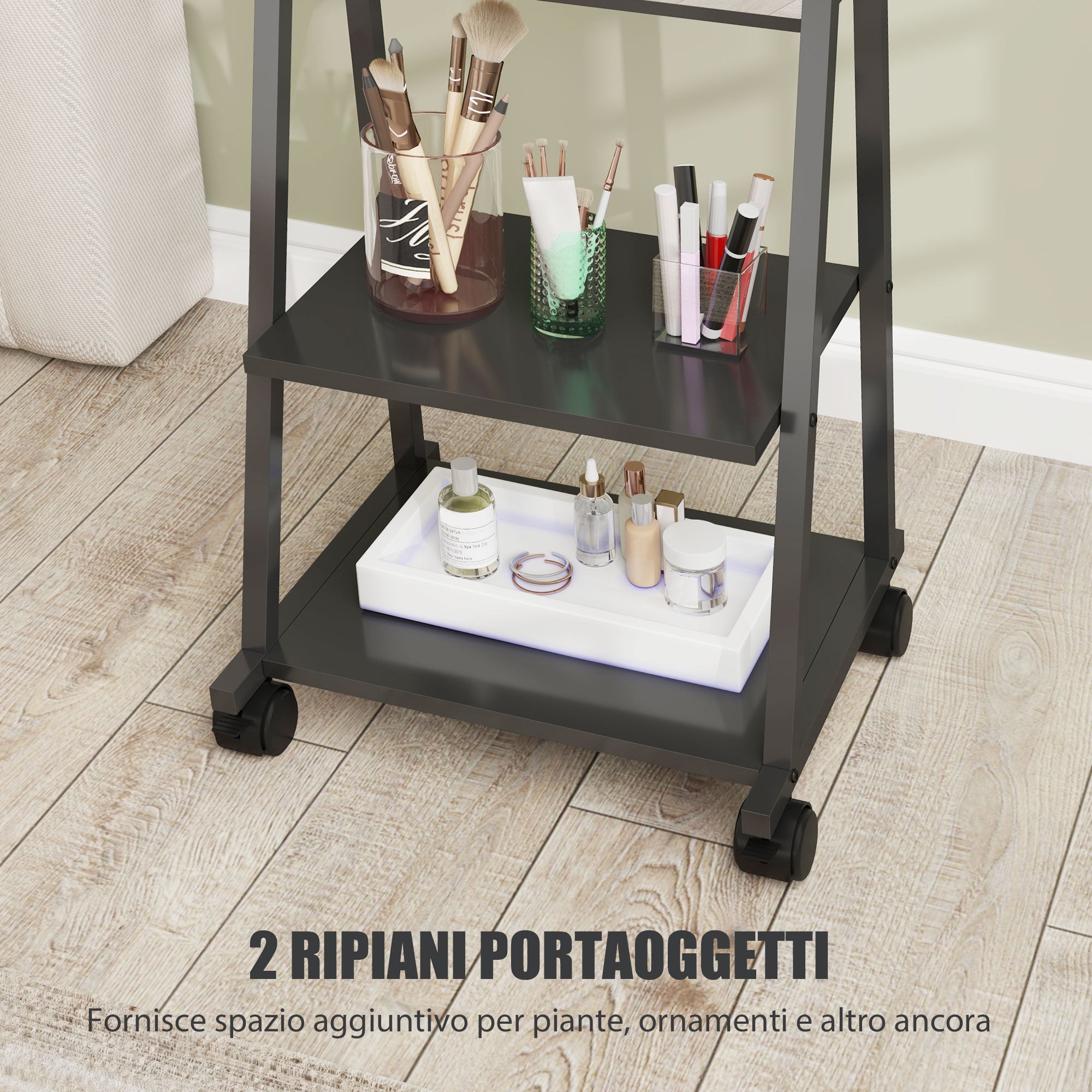 EasyComfort Staande spiegel met 2 planken, 4 wielen, 42x37x155 cm