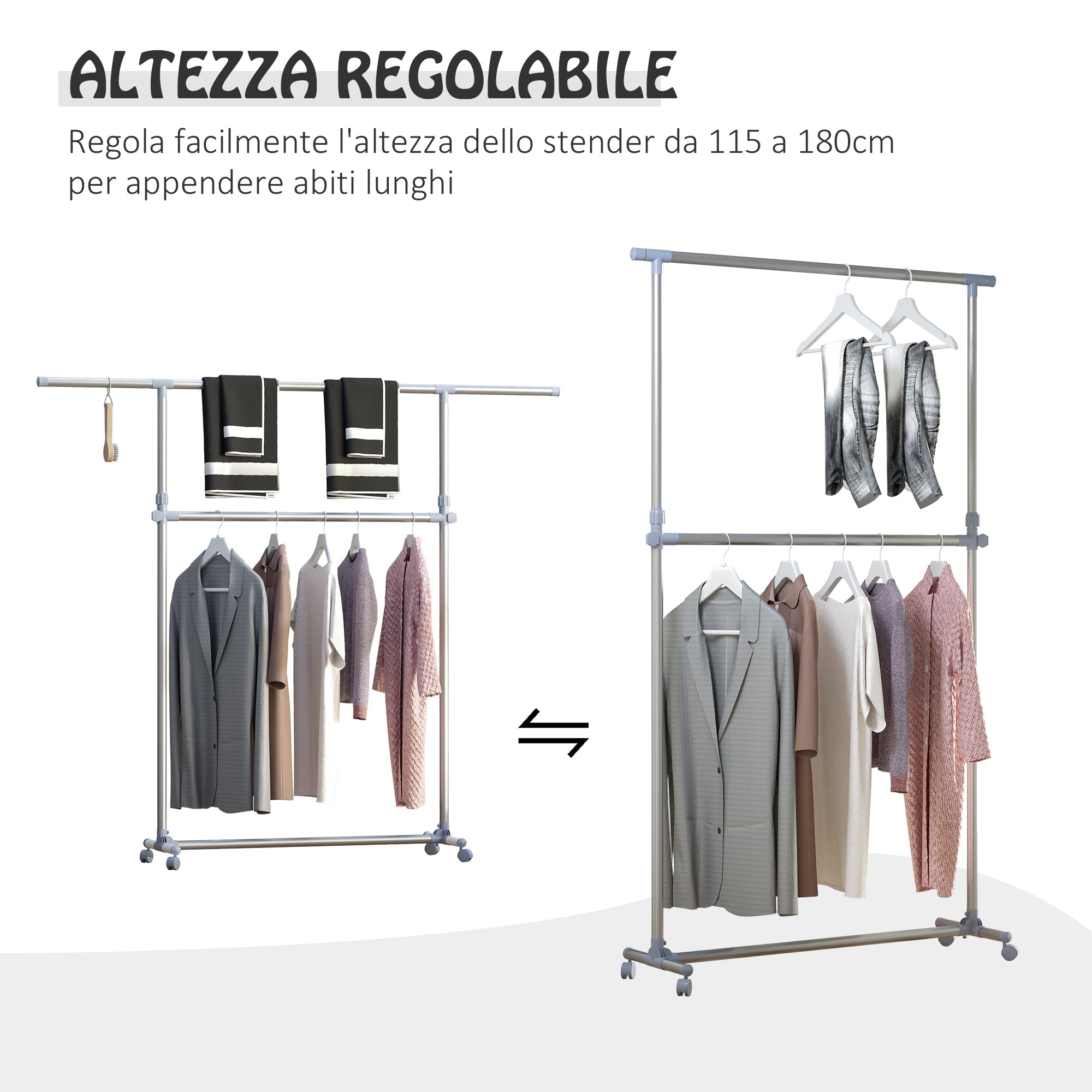 Easycomfort Stender Appendiabiti with Altezza ed Estensione Regolabili, 4 Ruote Girevoli, Acciaio Inox e ABS, 165x48x180cm