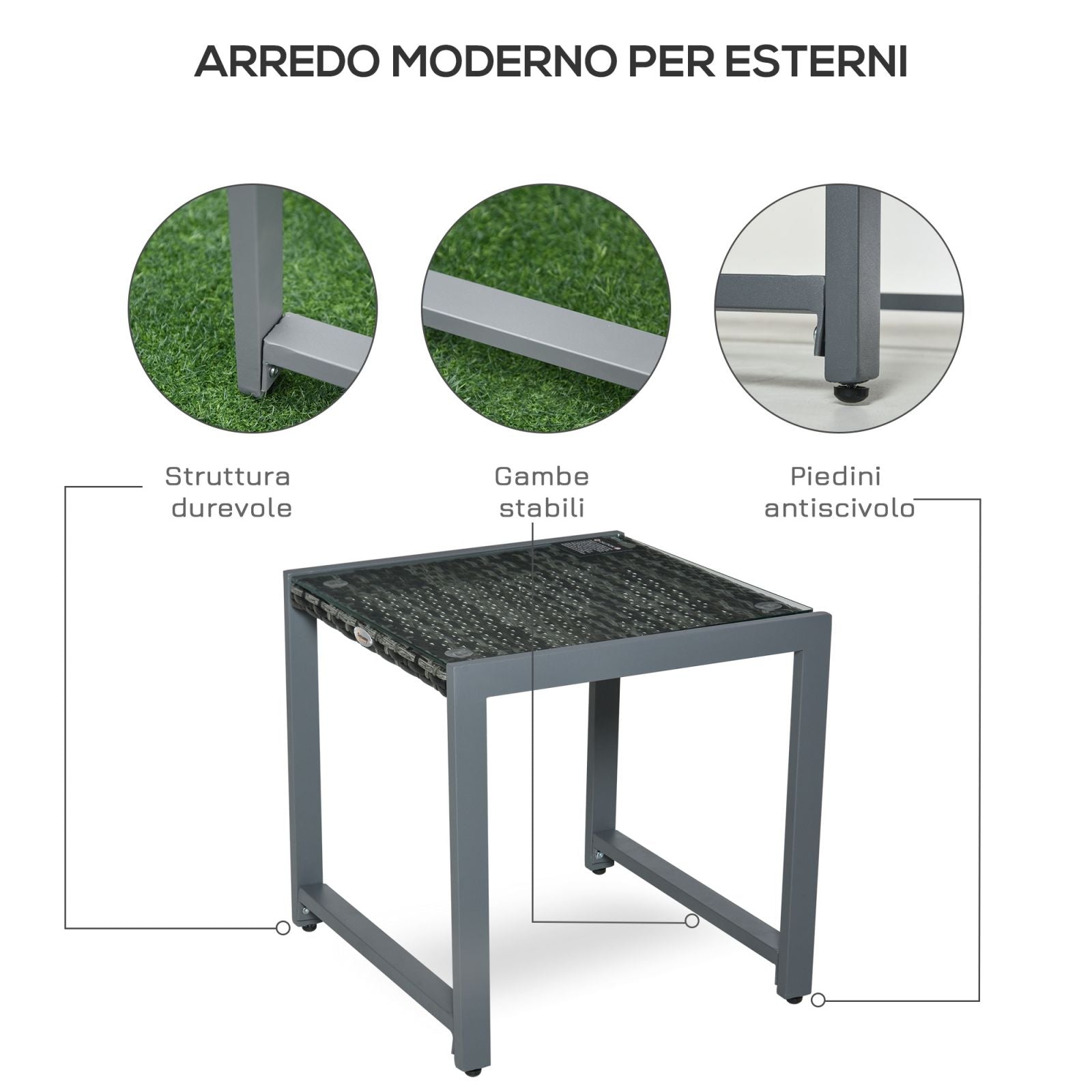 Easycomfort Tavolino da Caffè da Giardino Piano in Vetro Temperato in Rattan Alluminio 50 x 49,5 x 50 cm
