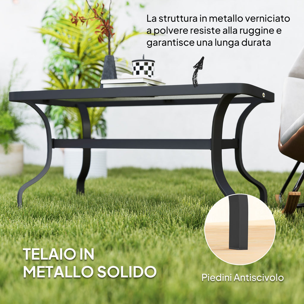 EasyComfort Tavolino da Esterno Rettangolare in Metallo black with Piano in Vetro Temperato, 95x55x46 cm