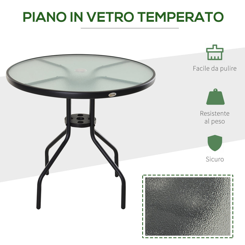 Easycomfort Tavolino da Giardino with Piano in Vetro Temperato e Foro per Ombrellone Acciaio Ф80 x 72 cm black