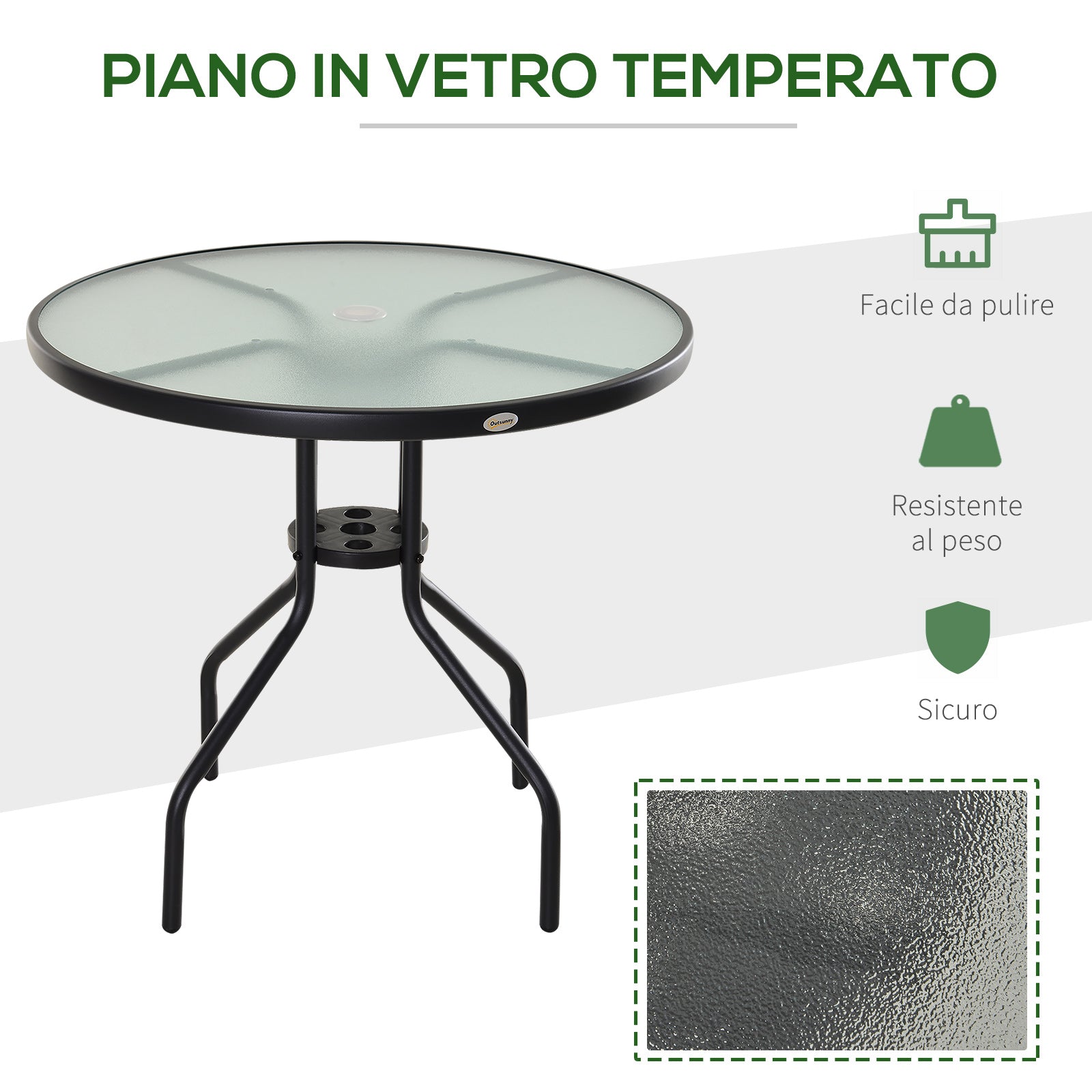 Easycomfort Tavolino da Giardino with Piano in Vetro Temperato e Foro per Ombrellone Acciaio Ф80 x 72 cm black