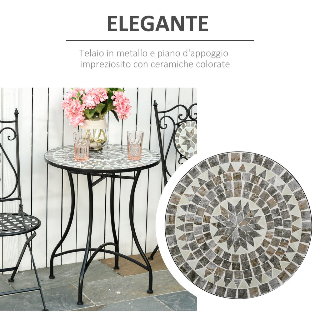 EASYCOMFORT Garden Coffee Table in Metal and Ceramic, Outdoor Table for Terrace or Balcony, Ф60x71cm, Black