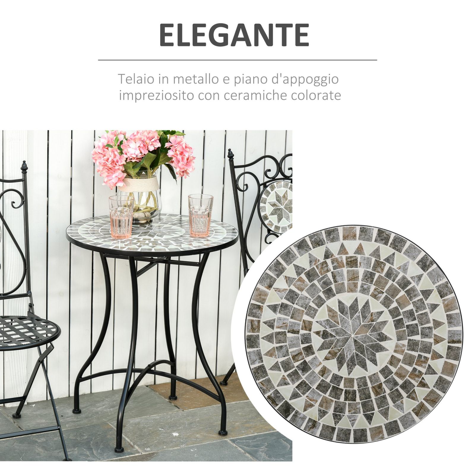 EASYCOMFORT Garden Coffee Table in Metal and Ceramic, Outdoor Table for Terrace or Balcony, Ф60x71cm, Black