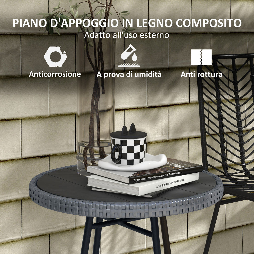 EasyComfort Tavolino da Giardino Moderno con Piano in Plastica di Legno, in Rattan e Acciaio, 50x50x55 cm, Grigio e Nero