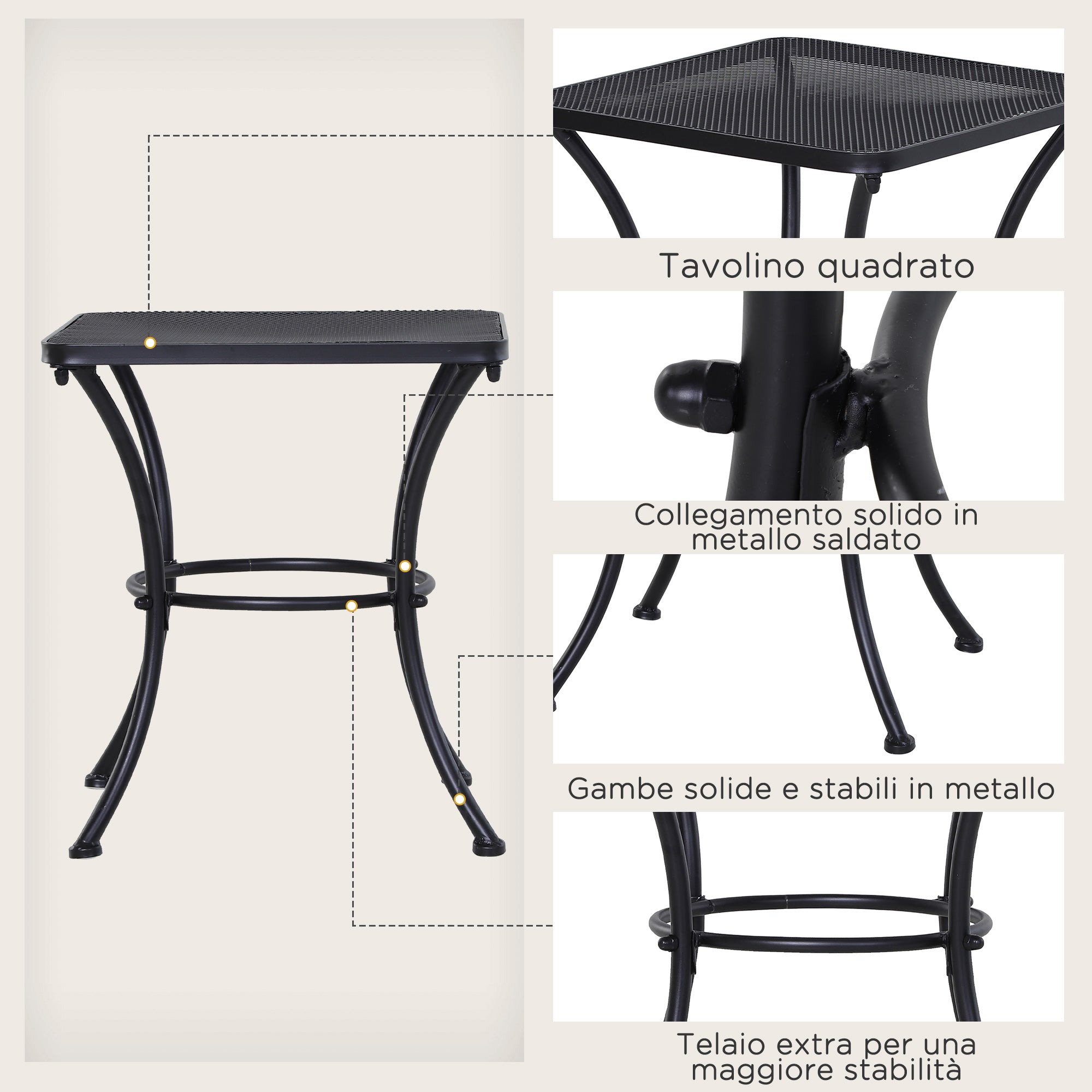 EasyComfort Tavolino da Giardino Quadrato in Acciaio with Piano Traforato, 45x45x50 cm, black