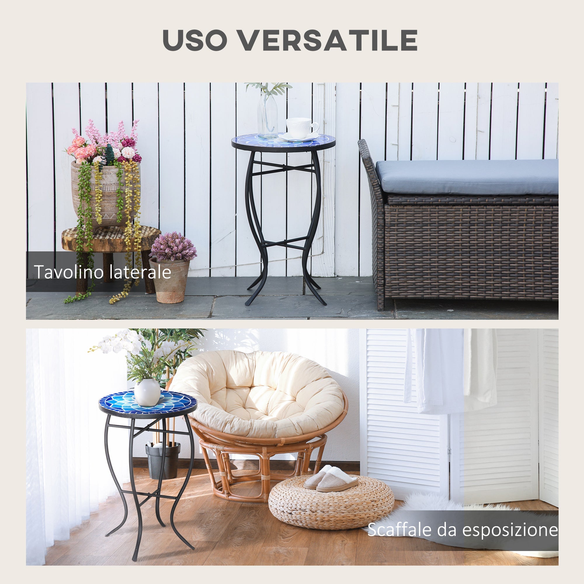 EASYCOMFORT Round Mosaic Garden Coffee Table in Metal with Ceramic Top, Ф35.5x53.5cm