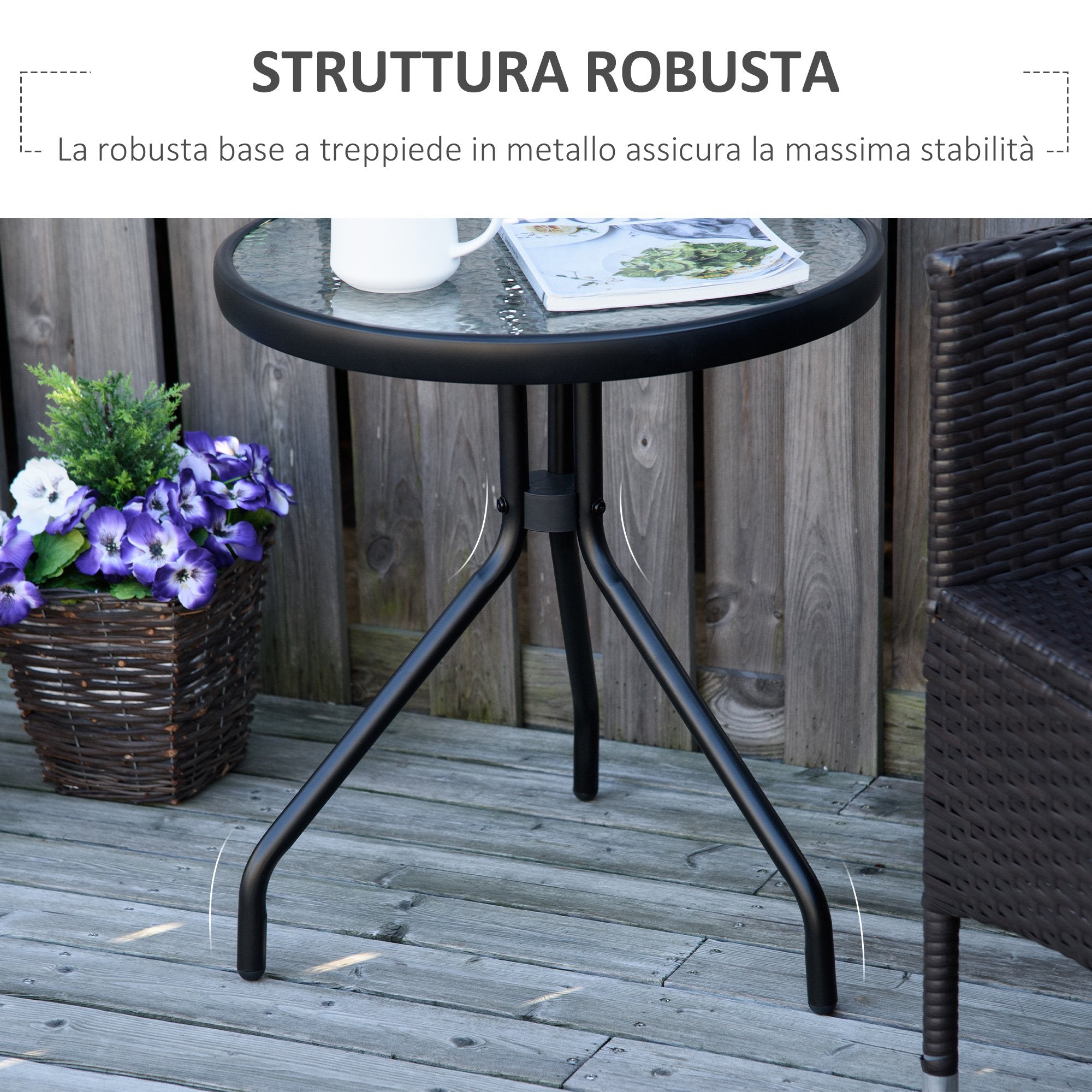 Easycomfort Tavolino da Giardino Rotondo with Ripiano in Vetro e Struttura in Metallo, Φ50x55cm, black