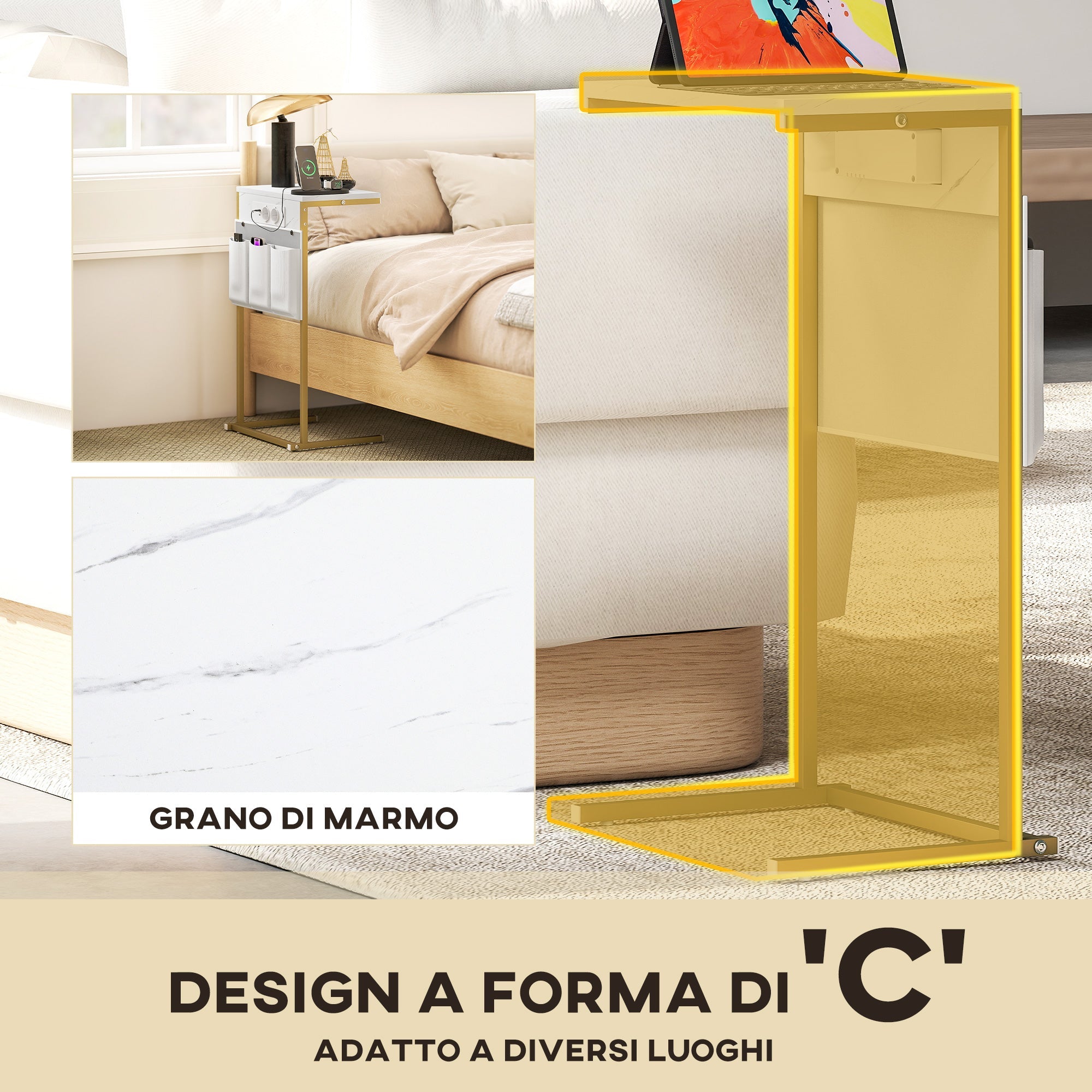 EasyComfort C‑vormige bijzettafel marmerlook met stopcontacten en USB, wit