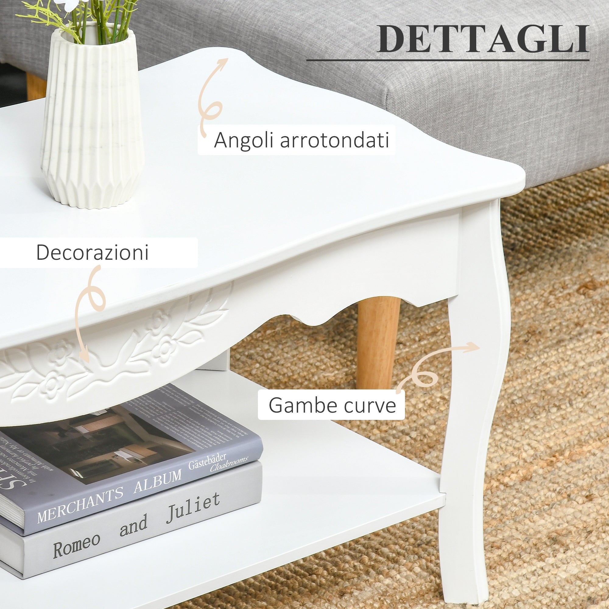 Easycomfort Tavolino da Salotto with Ampio Ripiano Portaoggetti Inferiore in Legno, 94x44x43cm, white