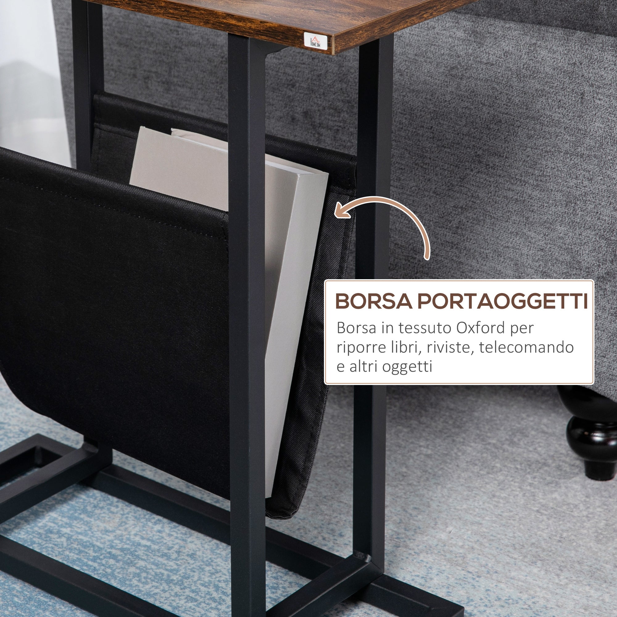 Easycomfort Tavolino da Salotto in Truciolato e Acciaio with Borsa Portaoggetti in Tessuto Oxford, 49x19x55 cm, Marrone e black
