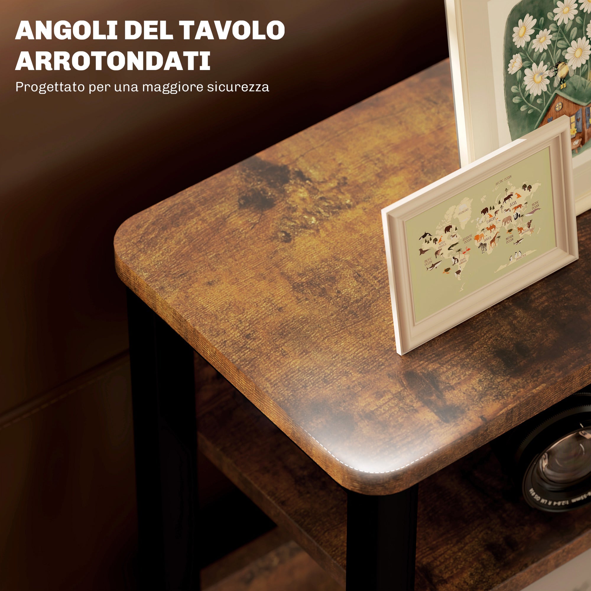 EasyComfort Tavolino da Soggiorno in Stile Industriale with 2 Ripiani, in Legno e Metallo, 46x18x58.5 cm, Marrone