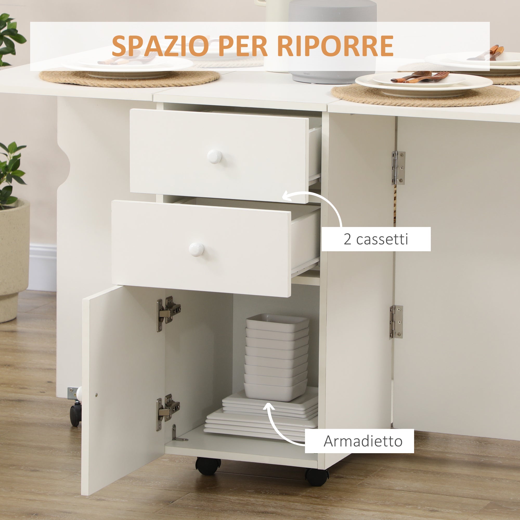 EasyComfort Tavolo da Cucina a Ribalta with 2 Cassetti e Armadietto ad Ante, in Truciolato, 120x80x75 cm, white