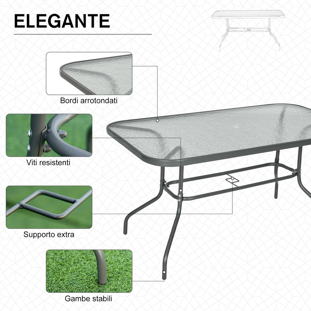 Easycomfort Tavolo da Giardino with Foro per Ombrellone, Arredamento da Esterno in Metallo e Vetro 140x80x70cm Grigio