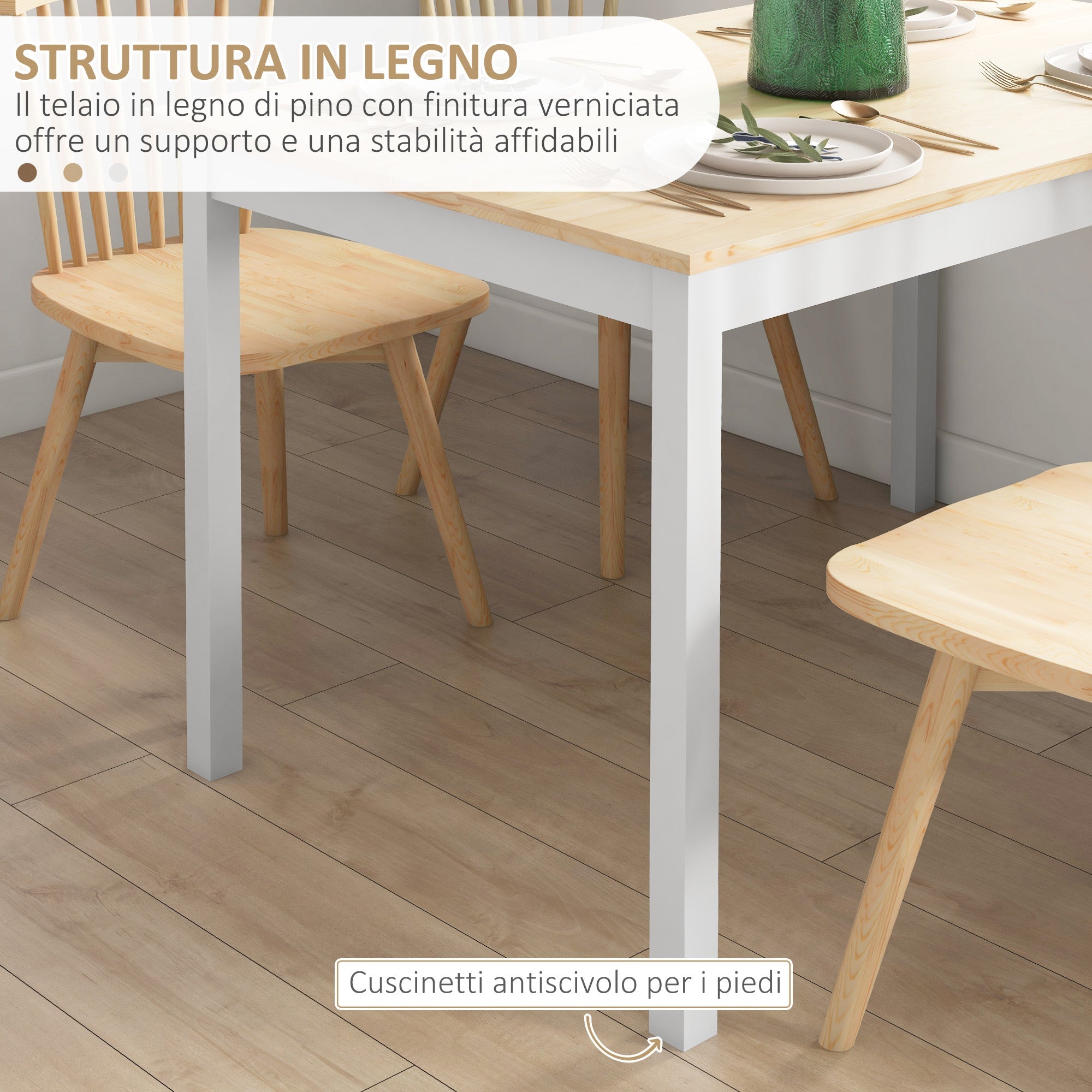 EasyComfort Tavolo da Pranzo 4 Posti with Piedini Antiscivolo, in Legno di Pino, 120x75x75 cm