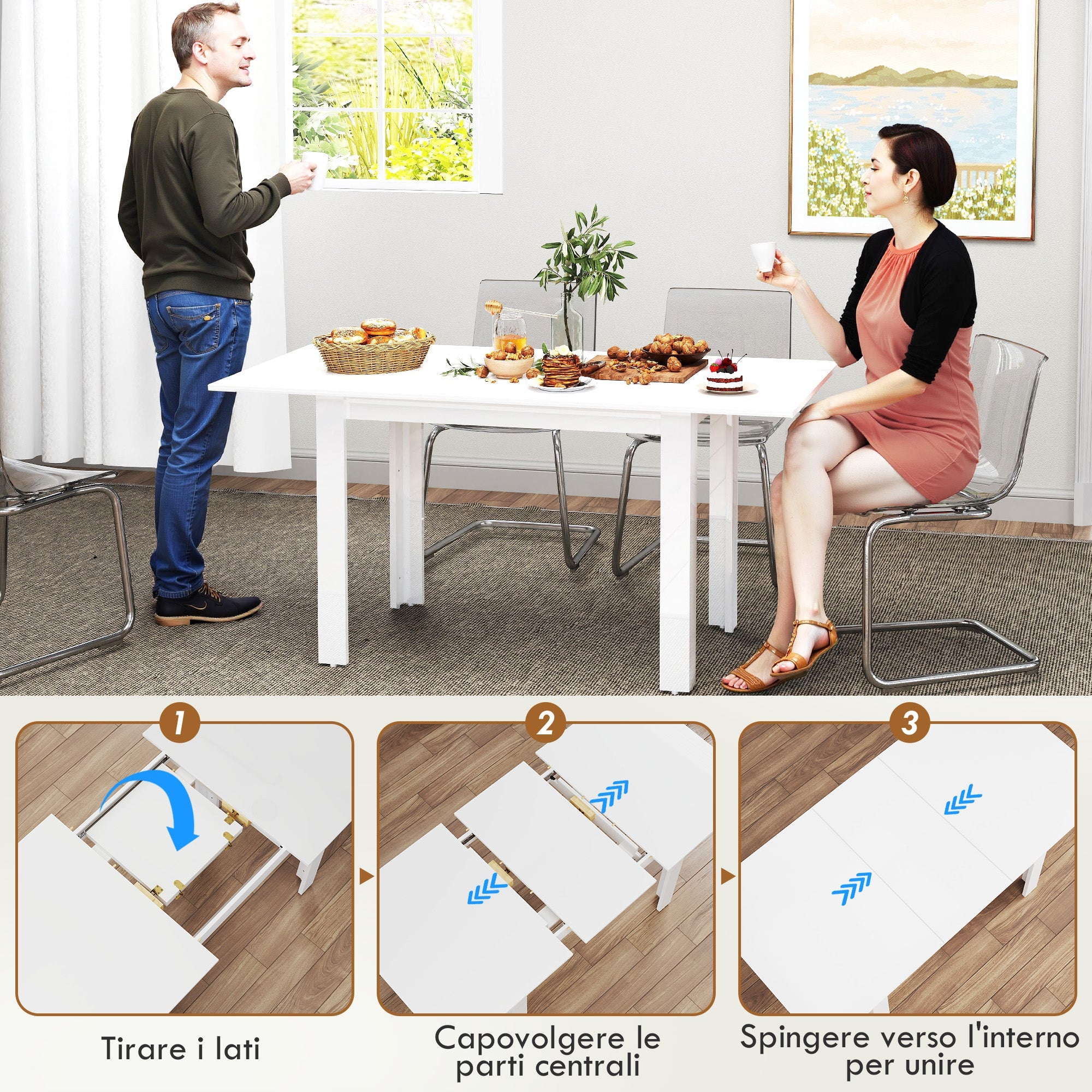 EasyComfort Tavolo da Pranzo Allungabile per 4-6 Persone with Pannelli a Ribalta, in Legno, 120-160x80x78 cm, white