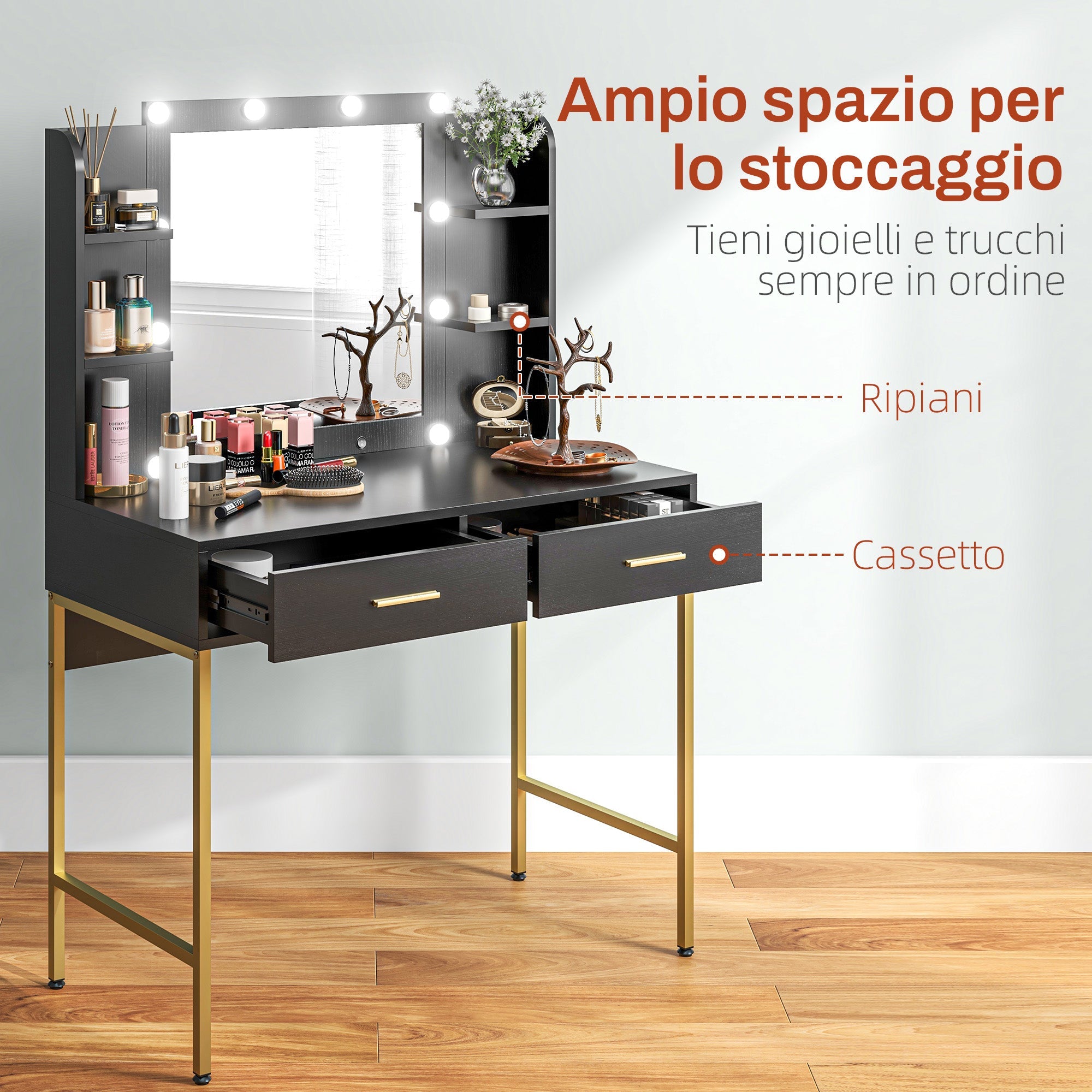 EasyComfort Make-uptafel met 2 lades, 6 vakken, spiegel en kruk, 90x45x132.5 cm