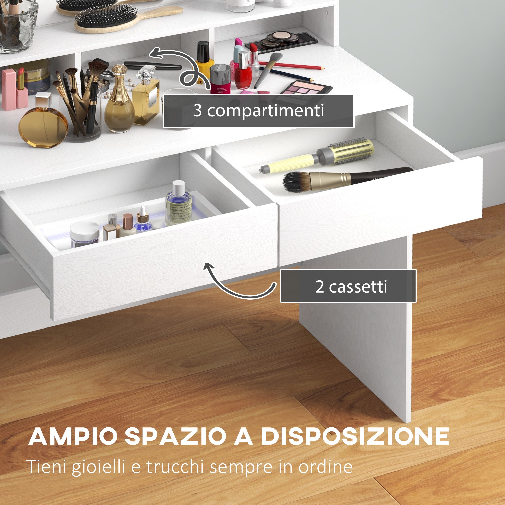 EasyComfort Tavolo da Trucco toilettafel met spiegel en 10 dimbare LED-lampen, 80x40x135 cm