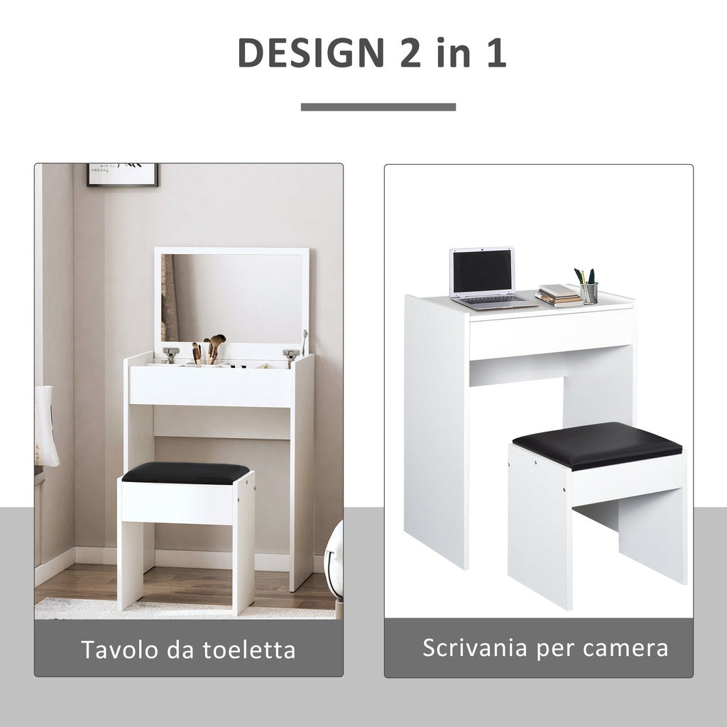 Easycomfort Tavolo da Trucco with Specchio Richiudibile, Tavolo da Trucco Moderno, with Sgabello, Vano Contenitore (10 Scomparti), MDF white, 60.2 x 40.2 x 79cm