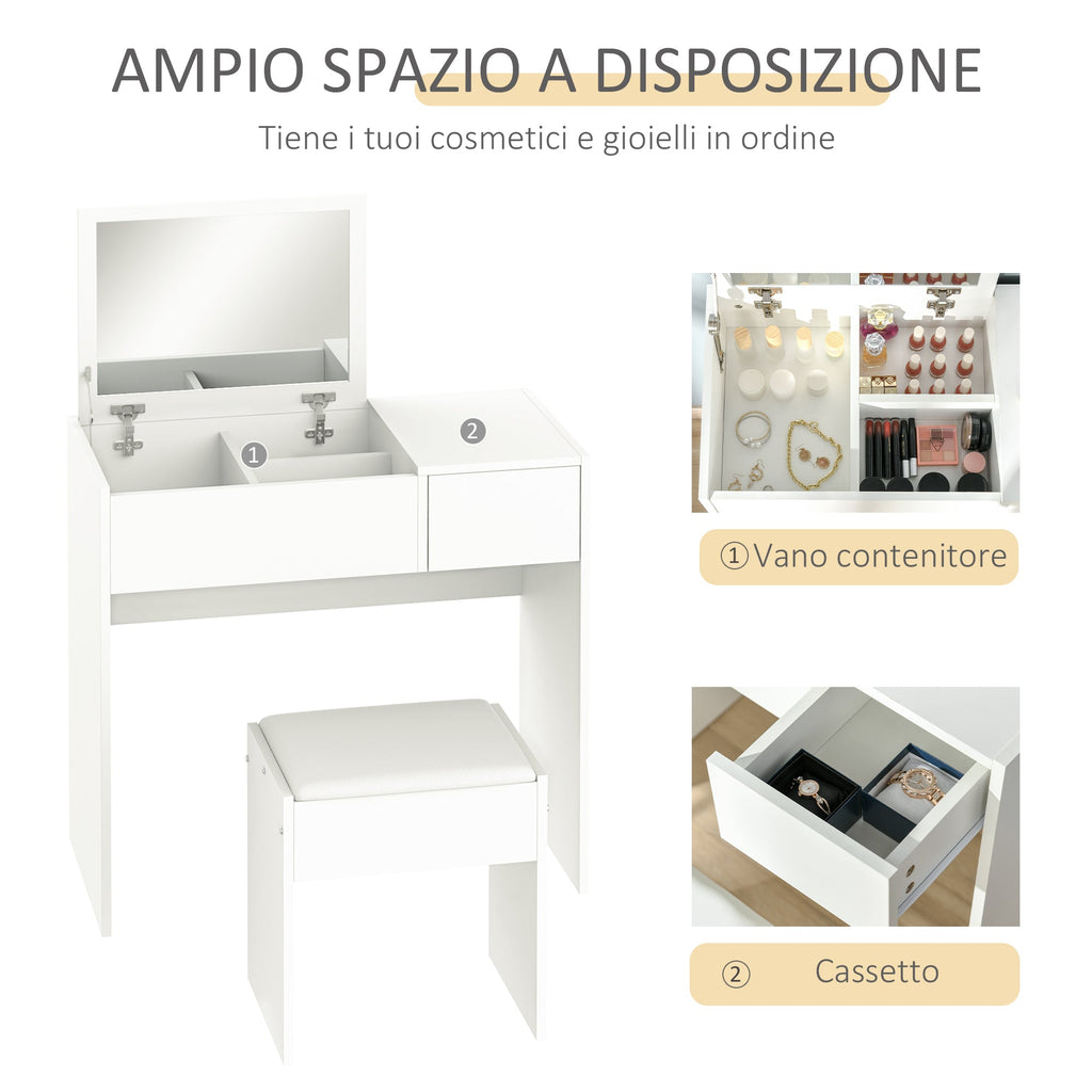 Easycomfort Tavolo da Trucco with Specchio Richiudibile, Tavolo da Trucco Moderno, with Sgabello, Vano Contenitore (4 Scomparti), MDF white, 80x40x79 cm