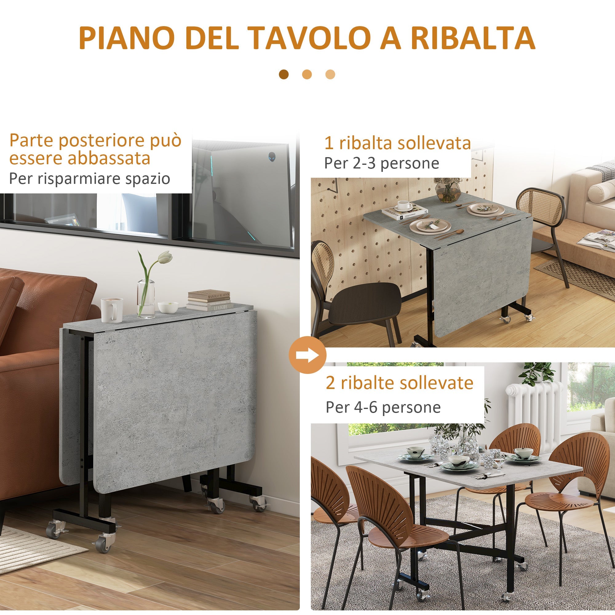 EasyComfort Tavolo Pieghevole a Ribalta per 4-6 Persone with 6 Rotelle, in Legno e Acciaio, 120x80x73 cm, Grigio