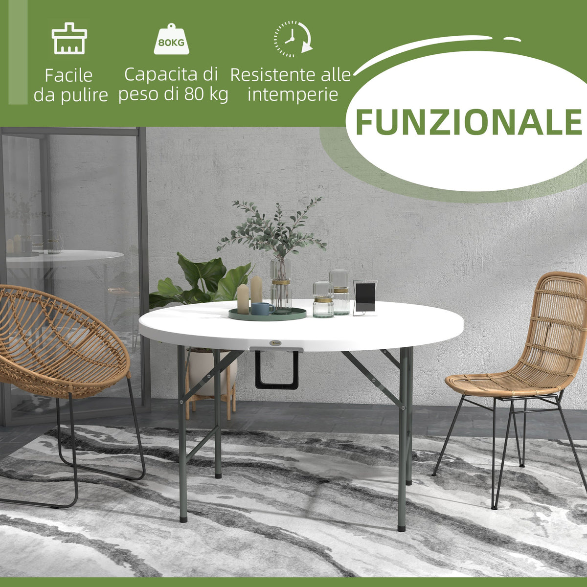 EasyComfort Opvouwbare tuintafel Ø122x73 cm staal & HDPE, grijs/wit
