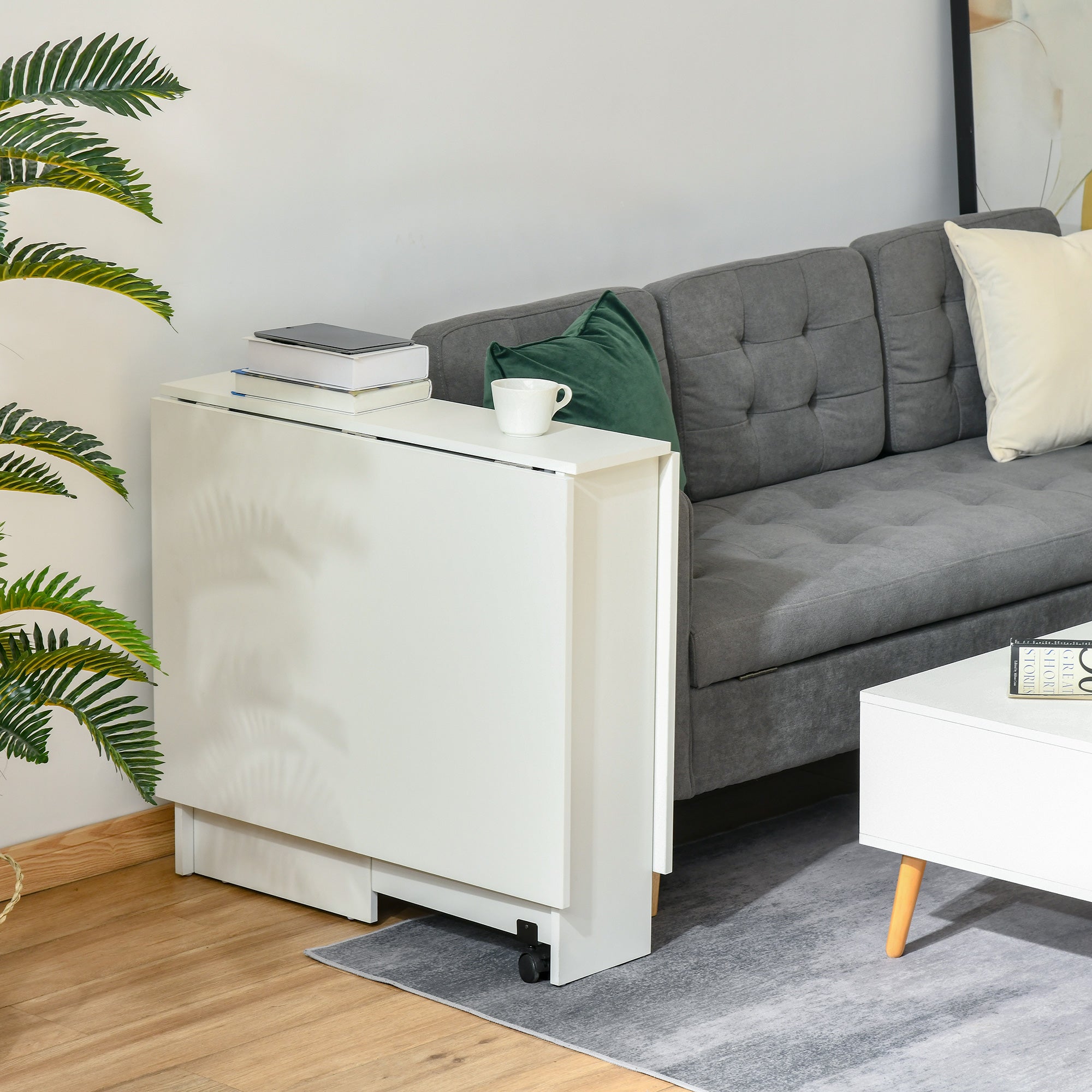 Easycomfort Tavolo Pieghevole Salvaspazio, 2 Ripiani Inferiori in Legno, Tavolo Richiudibile Salvaspazio, with Ruote per 6 Persone, 75P x 140l x 74H cm, white