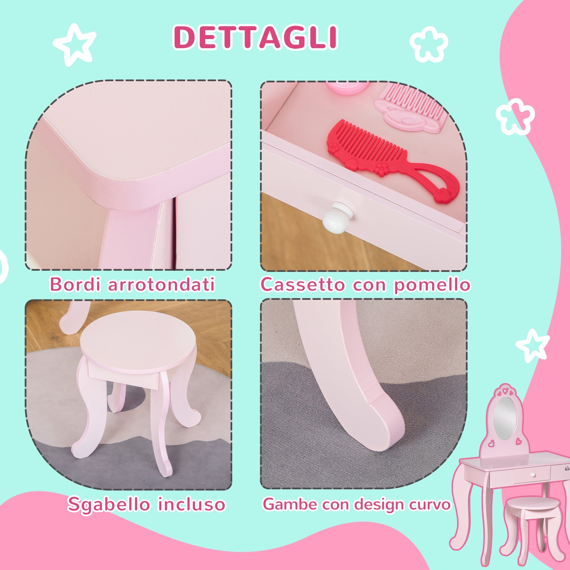 EasyComfort Tavolo Trucco per Bambini - Make-uptafel met krukje, 60x36x88 cm, Roze