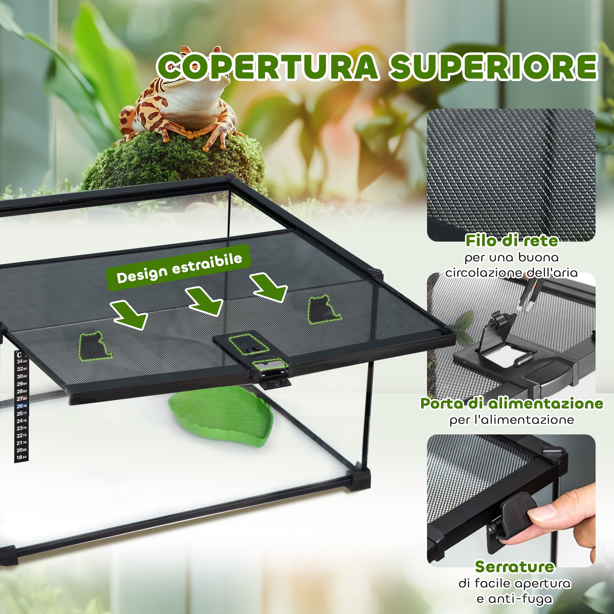 EasyComfort Terrario per Rettili Rialzato with Serratura e Termometro, in Vetro e Rete Metallica, 50x30x25 cm, black
