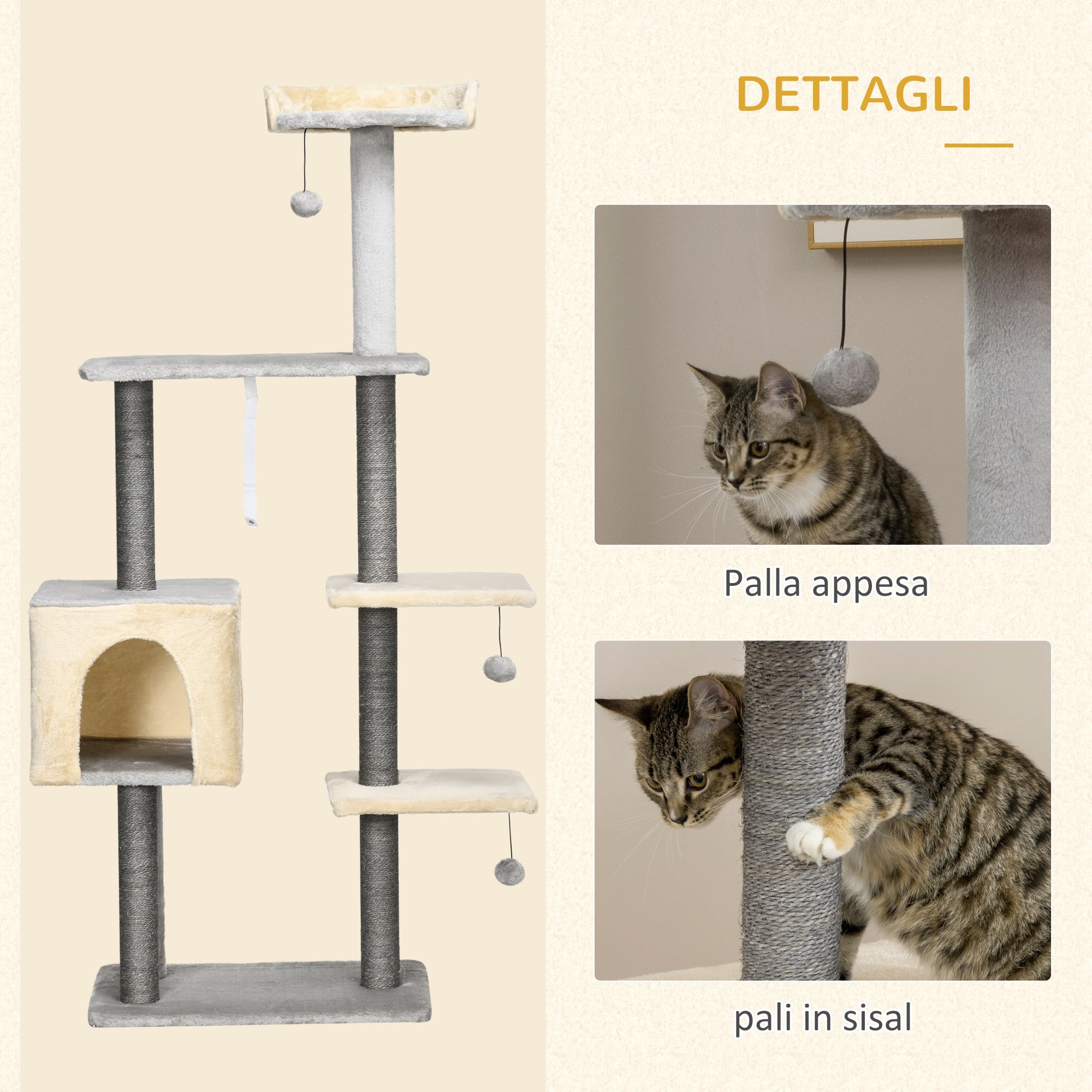 EASYCOMFORT Scratching Post for Cats 156cm High with Bed, House and Sisal Scratching Posts
