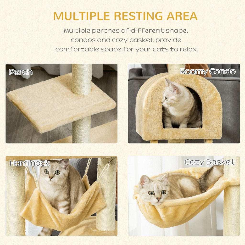 EASYCOMFORT Multilevel Cat Scratching Post with Hammock and House, Natural Sisal Ropes, 55×30×100cm