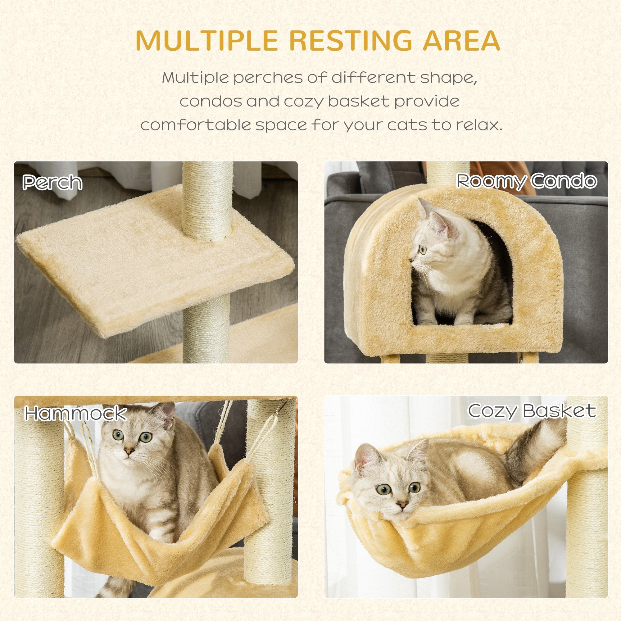 EASYCOMFORT Multilevel Cat Scratching Post with Hammock and House, Natural Sisal Ropes, 55×30×100cm