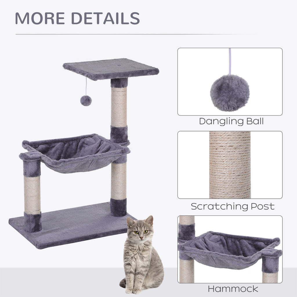 EASYCOMFORT Multilevel Cat Scratching Post with Hammock and Ball, Wood and Plush, 50x36x70cm, Gray