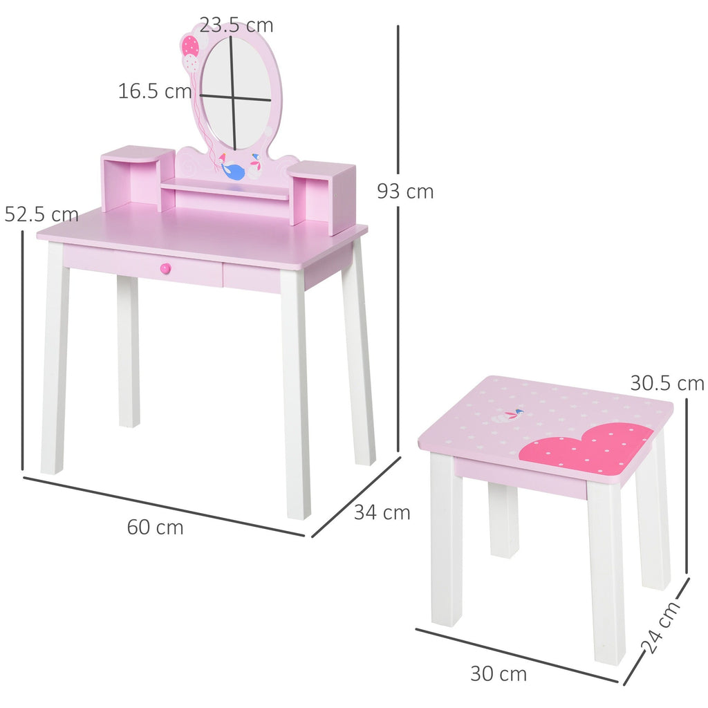 Easycomfort Toeletta per Bambine +3 Anni in Legno, Set Tavolo da Trucco Giocattolo with Specchio e Sgabello, Rosa