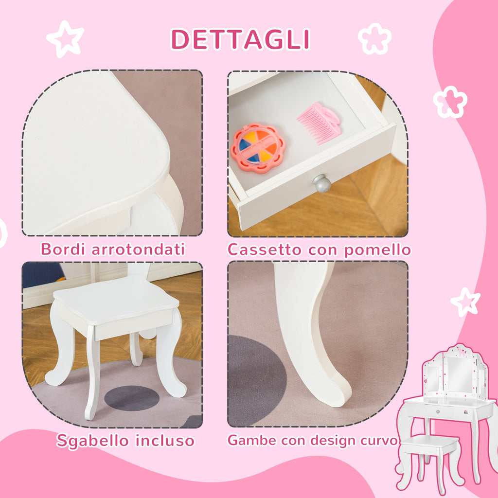 Easycomfort Toeletta per Bambini with Sgabello, Tavolo Trucco with Triplo Specchio e Cassetto, 63x40x85.5cm, white