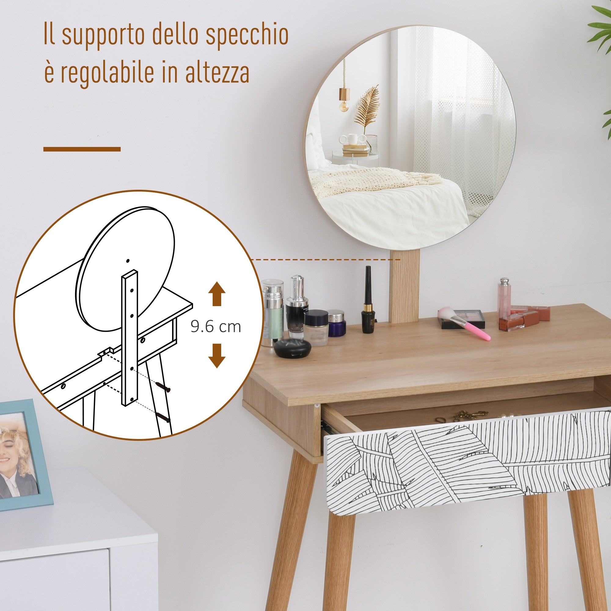 Easycomfort Toeletta Tavolo da Trucco with Specchio Circolare Ф39cm, Consolle Trucco with Cassetto with Decorazione Jungle, white e Rovere, 70x39x119-128cm