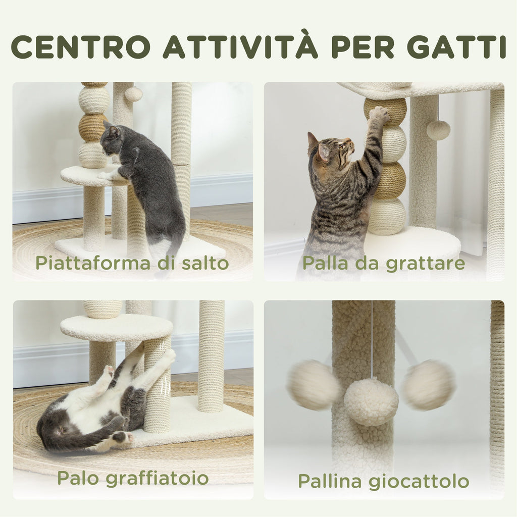 EasyComfort Torre per Gatti con Lettino, Piattaforma e Pallina Giocattolo, in Legno, Peluche e Iuta, 48.5x40x76 cm, Beige