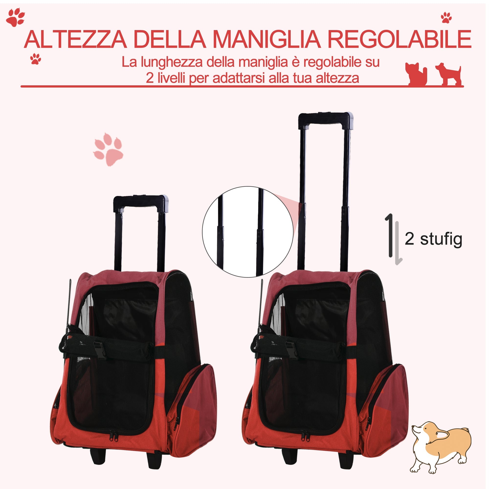 EASYCOMFORT 2 in 1 Backpack Carrier for Dogs and Cats with Side Pockets, Telescopic Handle and Wheels, 42x25x55cm, Red