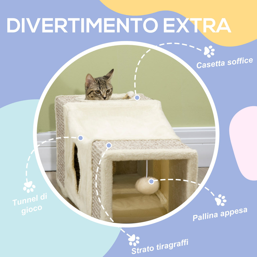 EasyComfort Kattentunnel opvouwbaar met huisjes, sisal krabpaal en speelbal, crème