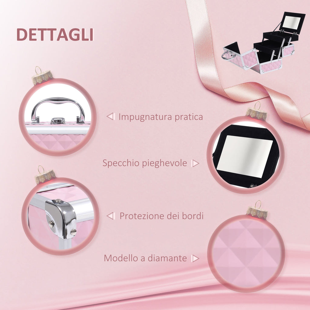 EasyComfort Valigetta Porta Trucchi with Profili in Alluminio, Maniglia e Vassoio Cantilever, 20x15x15cm, Rosa