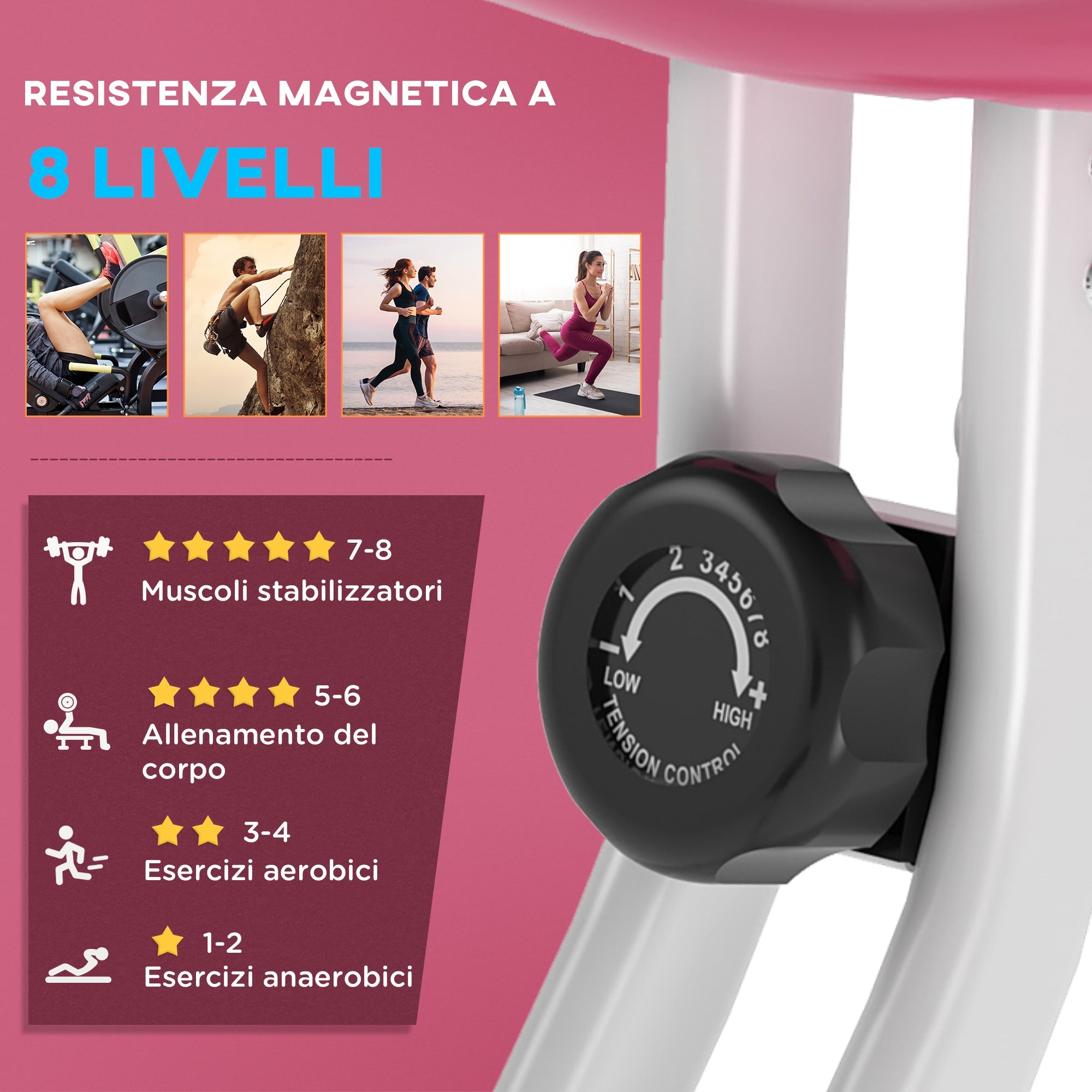 Easycomfort Cyclette da Camera Pieghevole with 5 Posizioni Regolabili e 8 Livelli di Resistenza Magnetica, Struttura a X, 43x97x109cm, Rosa e white