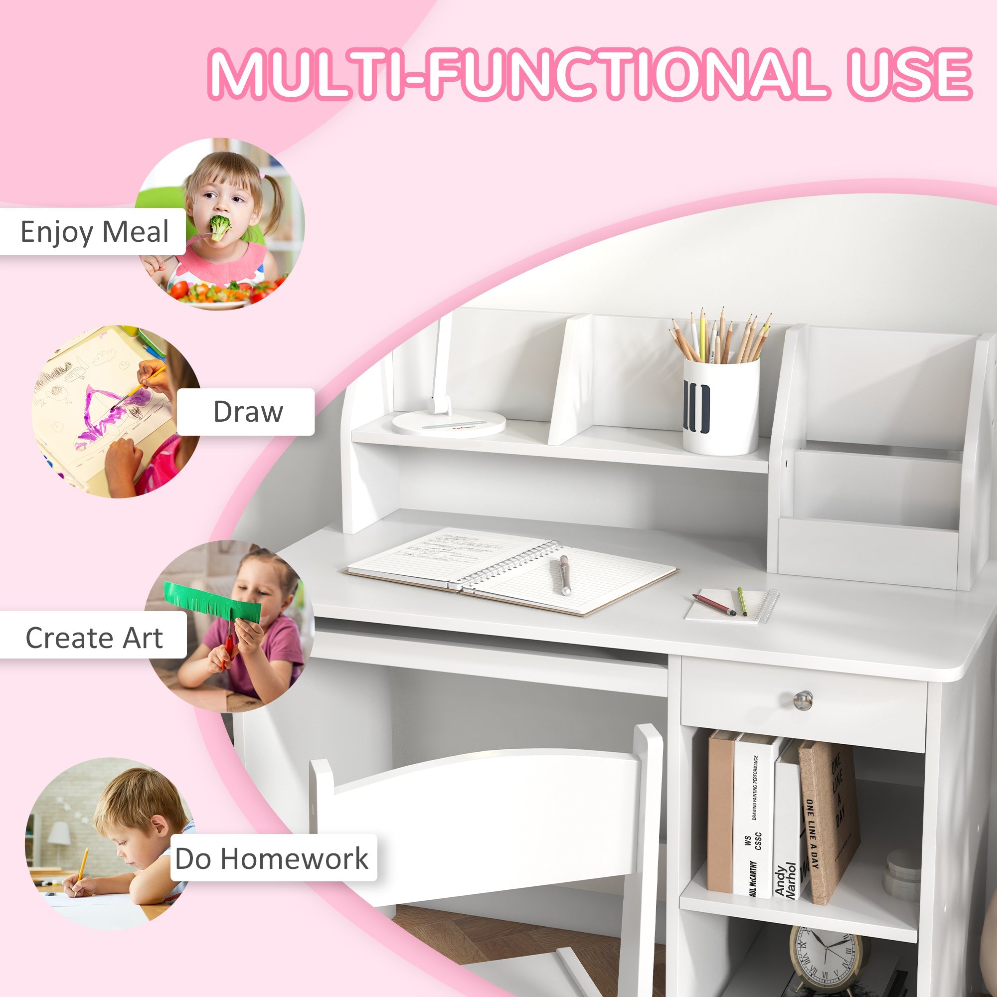 EasycomfortZONEKIZ Banco Scuola e Sedia per Bambini da 5-8 Anni with Scaffale e Mensola Estraibile in Legno white